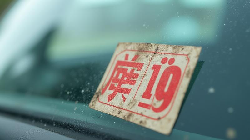 Close-up of an old, hard-to-remove physical vignette sticker on a car windshield.